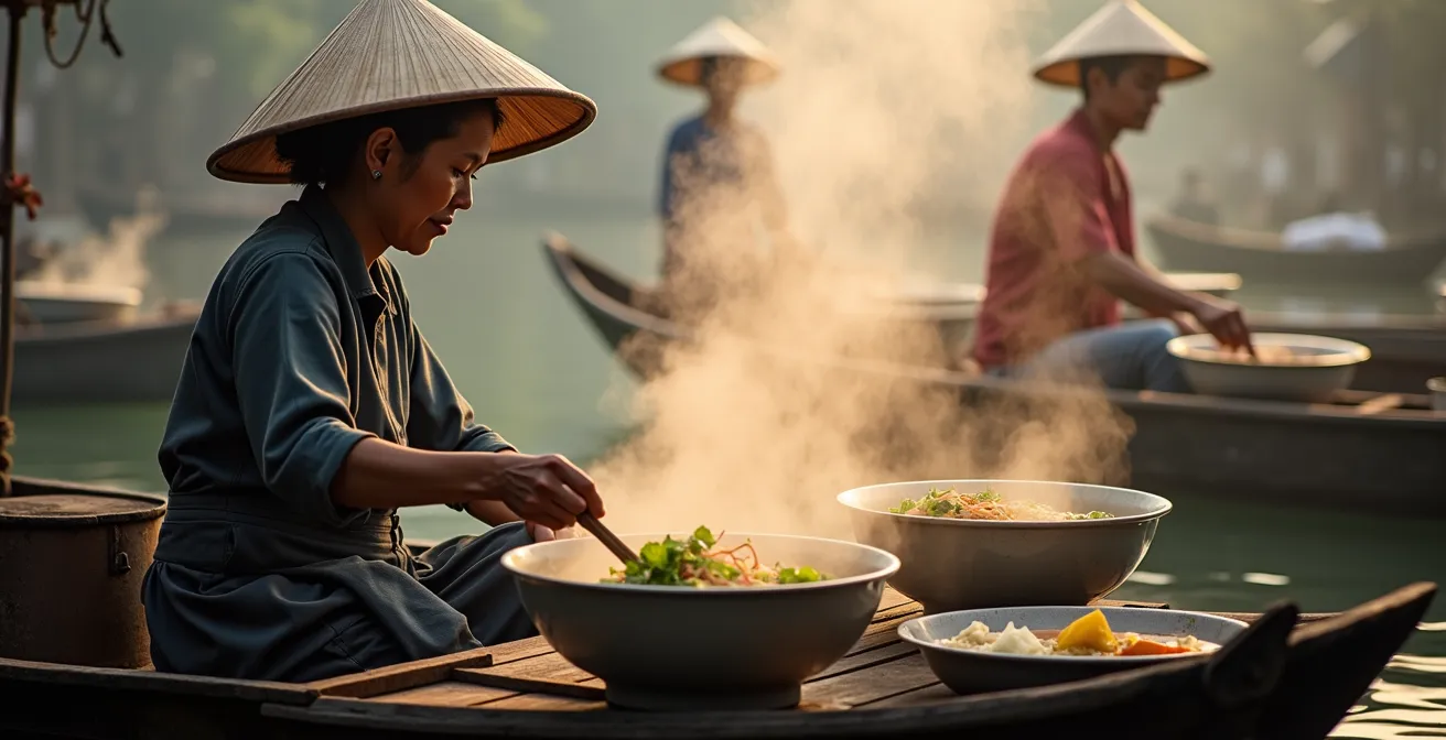 Vista panoramica del mercato all'alba con la nebbia mattutina sul fiume