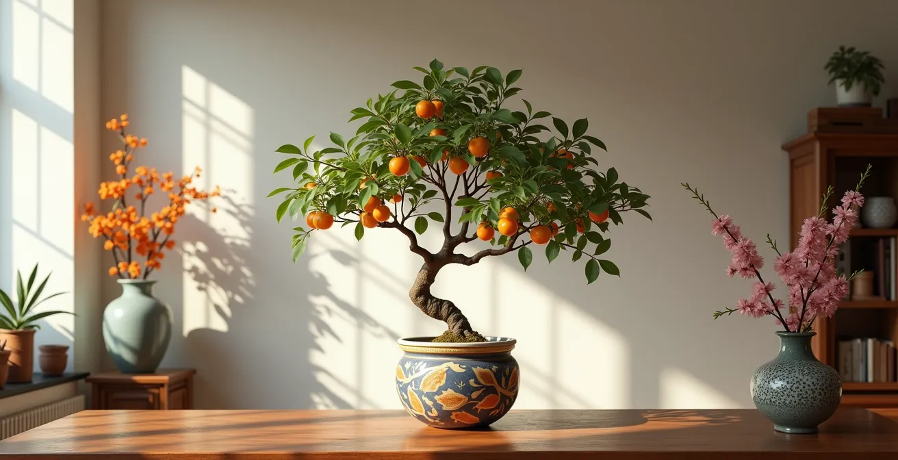 Albero di kumquat decorato per il Tet in una casa vietnamita tradizionale