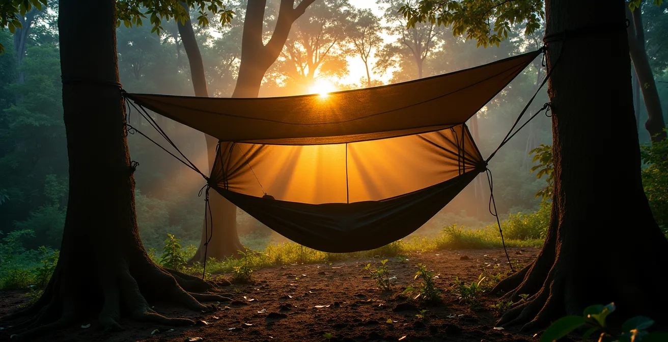 Sistema di amaca con zanzariera e tarp montato tra alberi nella giungla vietnamita al crepuscolo