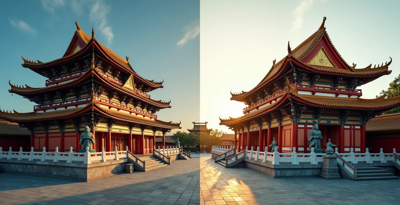 Confronto architettonico tra pagoda buddista e tempio vietnamita con dettagli strutturali distintivi