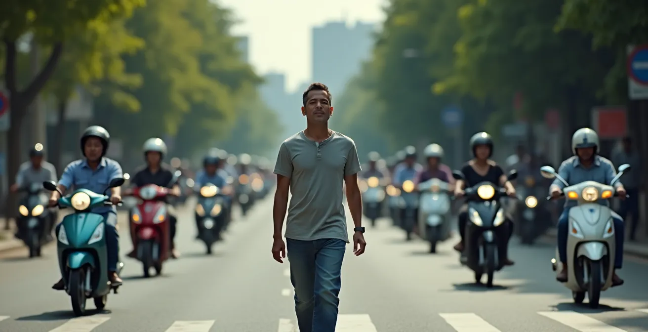 Pedone che attraversa con movimento costante in mezzo al traffico di scooter vietnamita