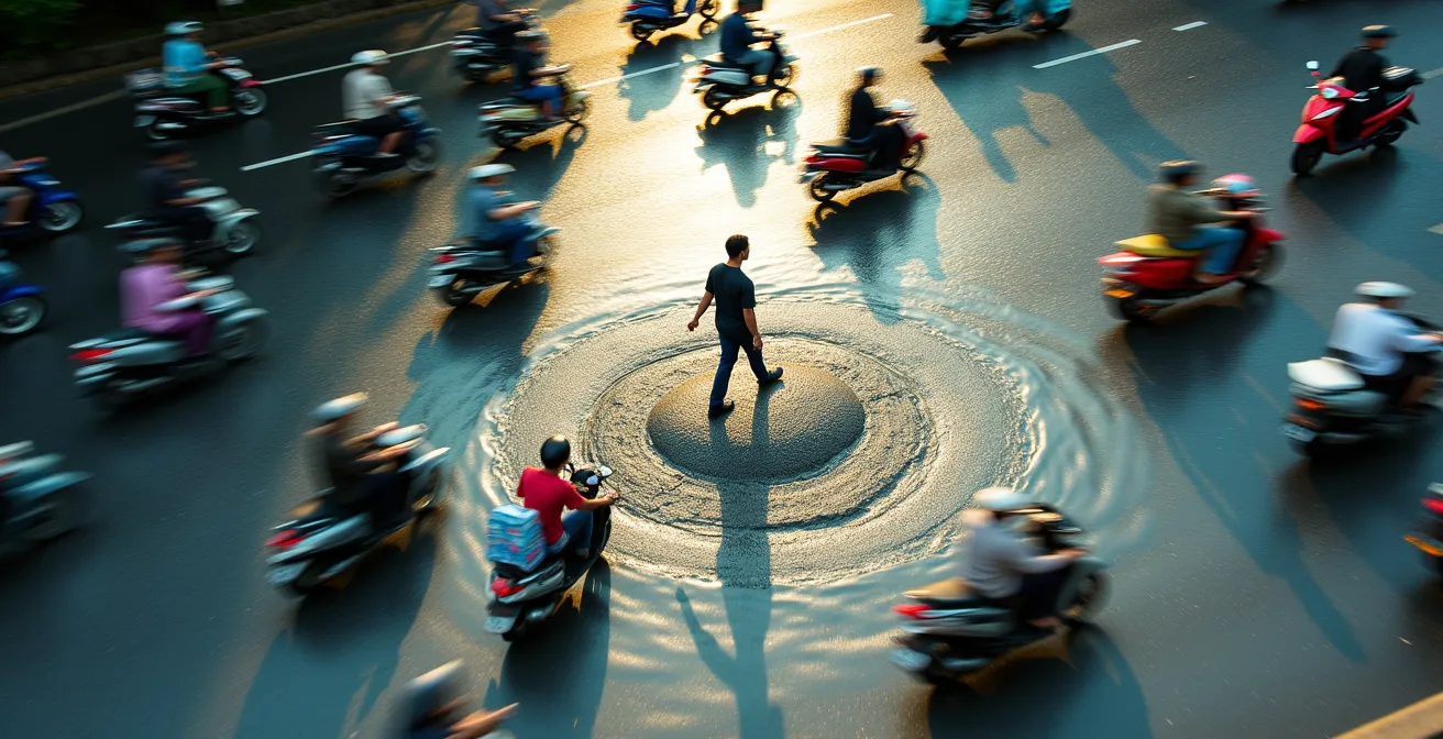 Pedone che attraversa con calma un fiume di scooter a Ho Chi Minh City
