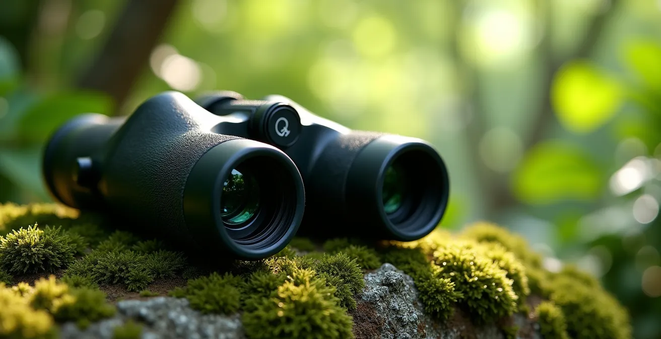Binocolo professionale appoggiato su roccia muschiosa nella giungla vietnamita