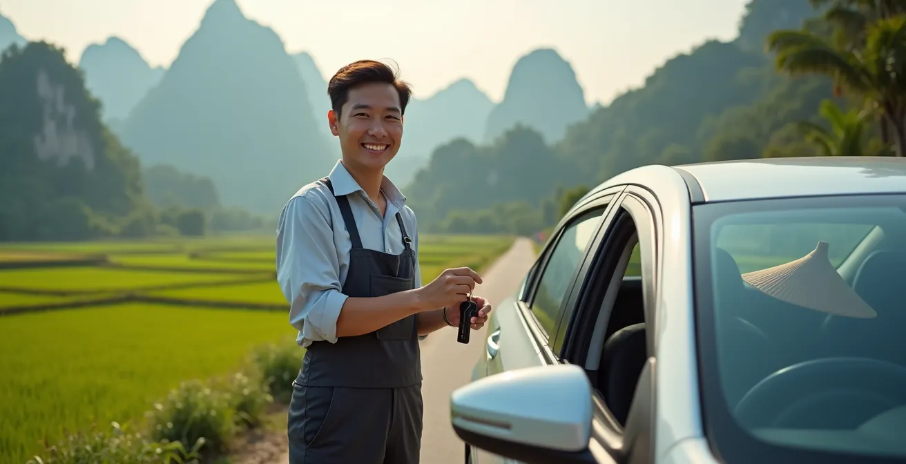Autista vietnamita accanto a un'auto moderna con paesaggio rurale sullo sfondo