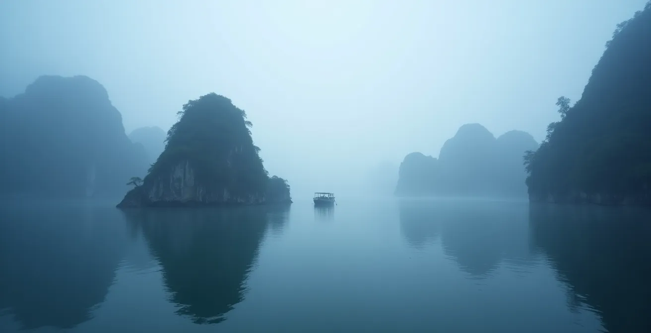Baia di Halong avvolta nella nebbia invernale con faraglioni emergenti
