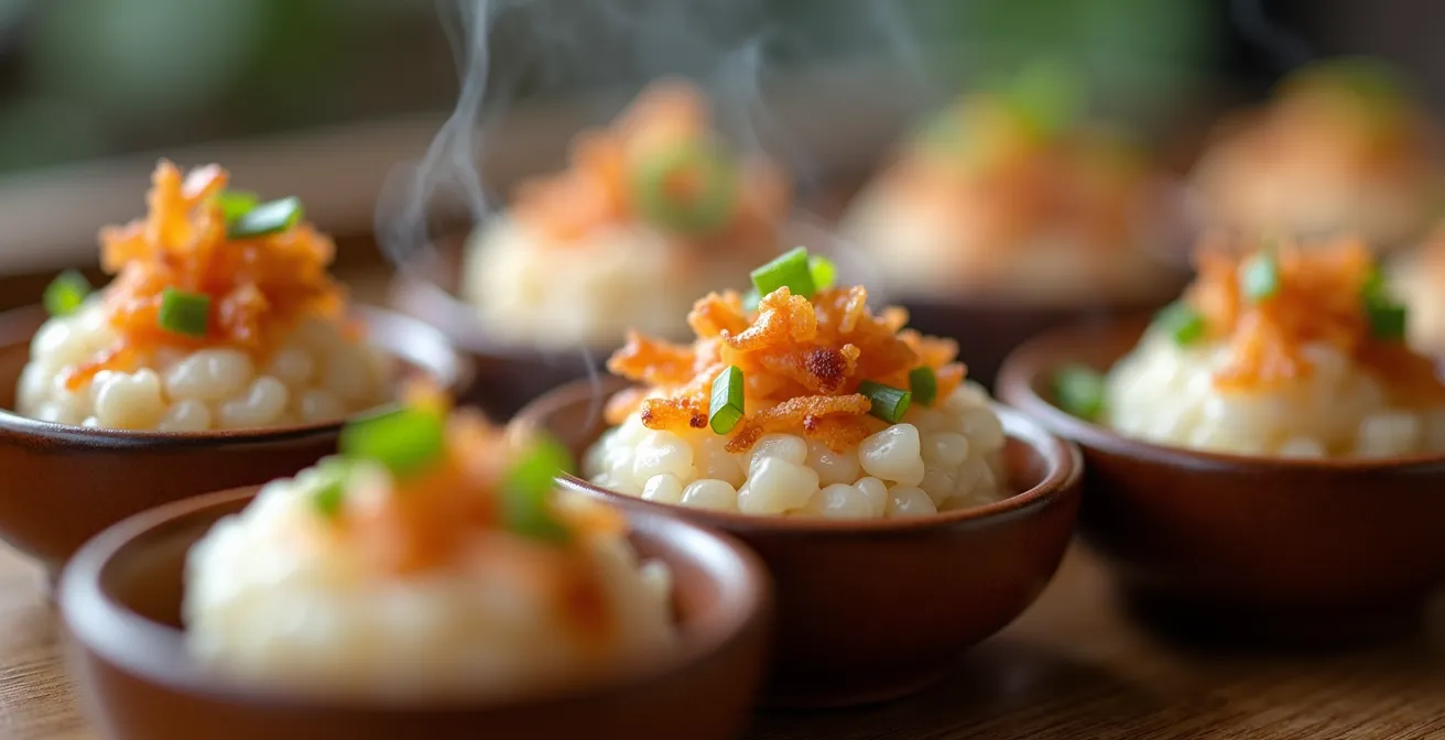 Dettaglio ravvicinato dei bánh bèo, le tortine miniaturizzate di Hue servite in piccole ciotole di ceramica