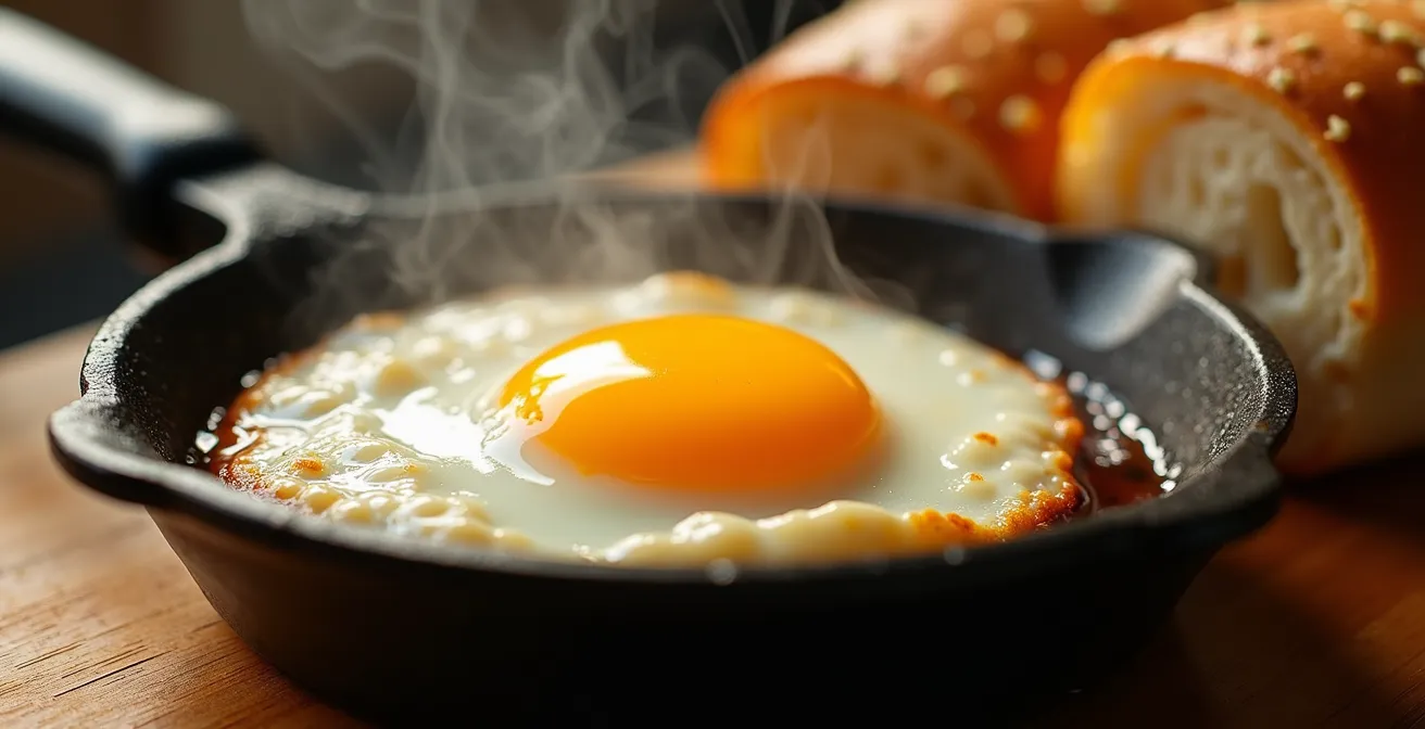 Banh mi op la con uovo fritto sfrigolante servito in padella individuale per colazione