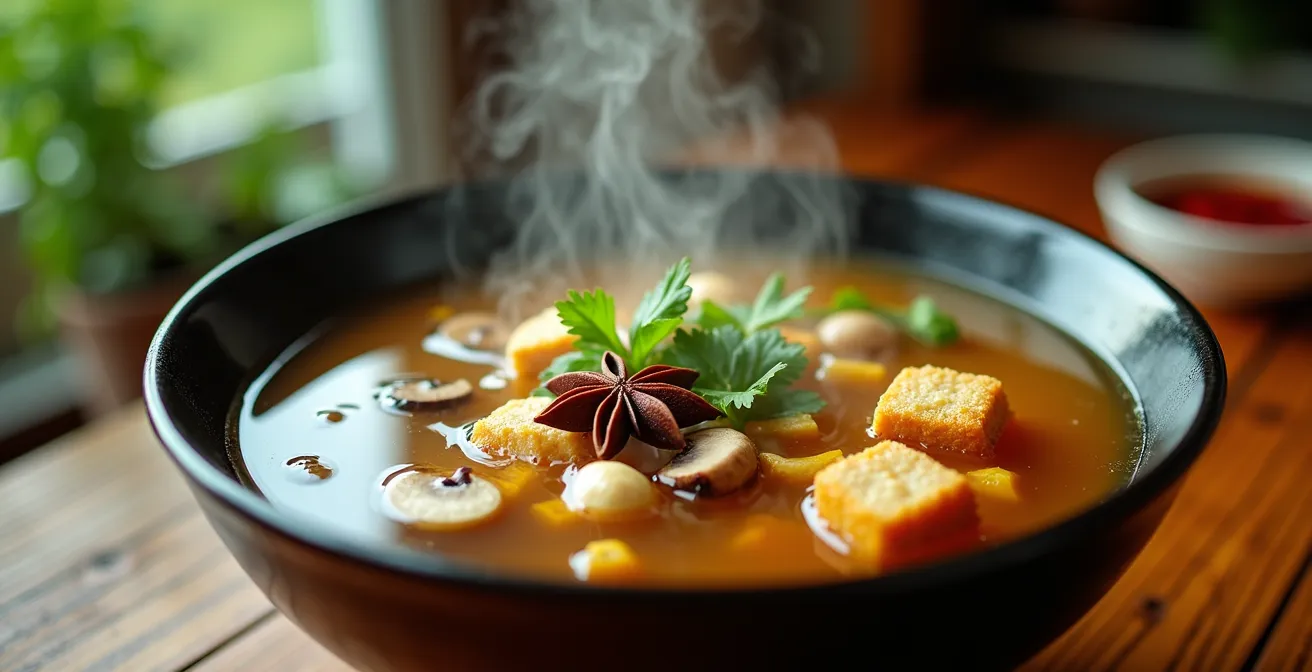 Ciotola fumante di Pho Chay vegetariano con funghi shiitake, tofu e spezie vietnamite