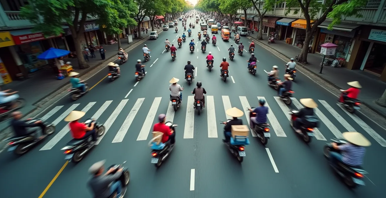 Vista dall'alto del traffico caotico ma fluido di Hanoi con motorini che creano pattern di movimento