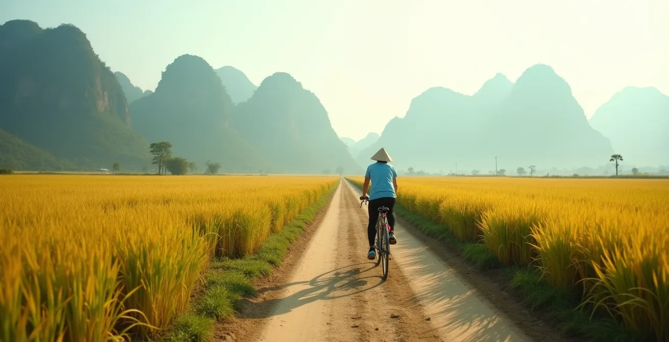 Ciclista su sentiero sterrato tra risaie dorate con montagne calcaree sullo sfondo