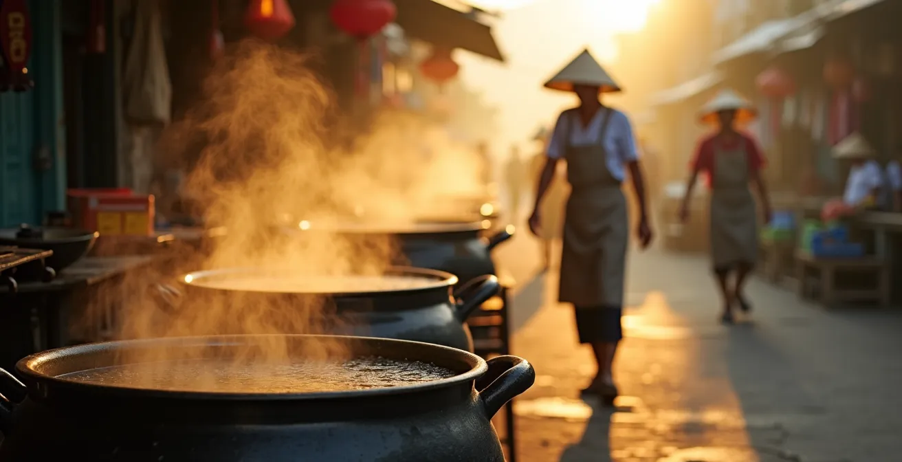 Scena mattutina di un mercato vietnamita con vapore che sale dalle pentole di Pho