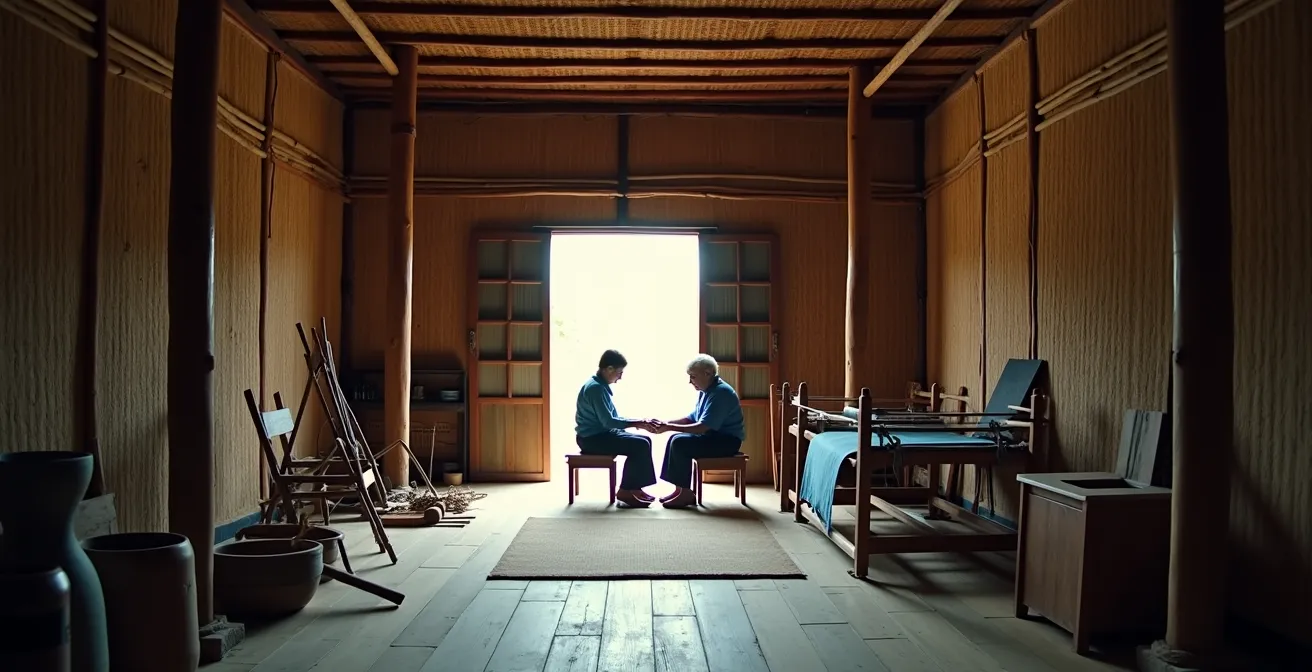 Momento di silenzio condiviso tra viaggiatore e artigiana locale al lavoro