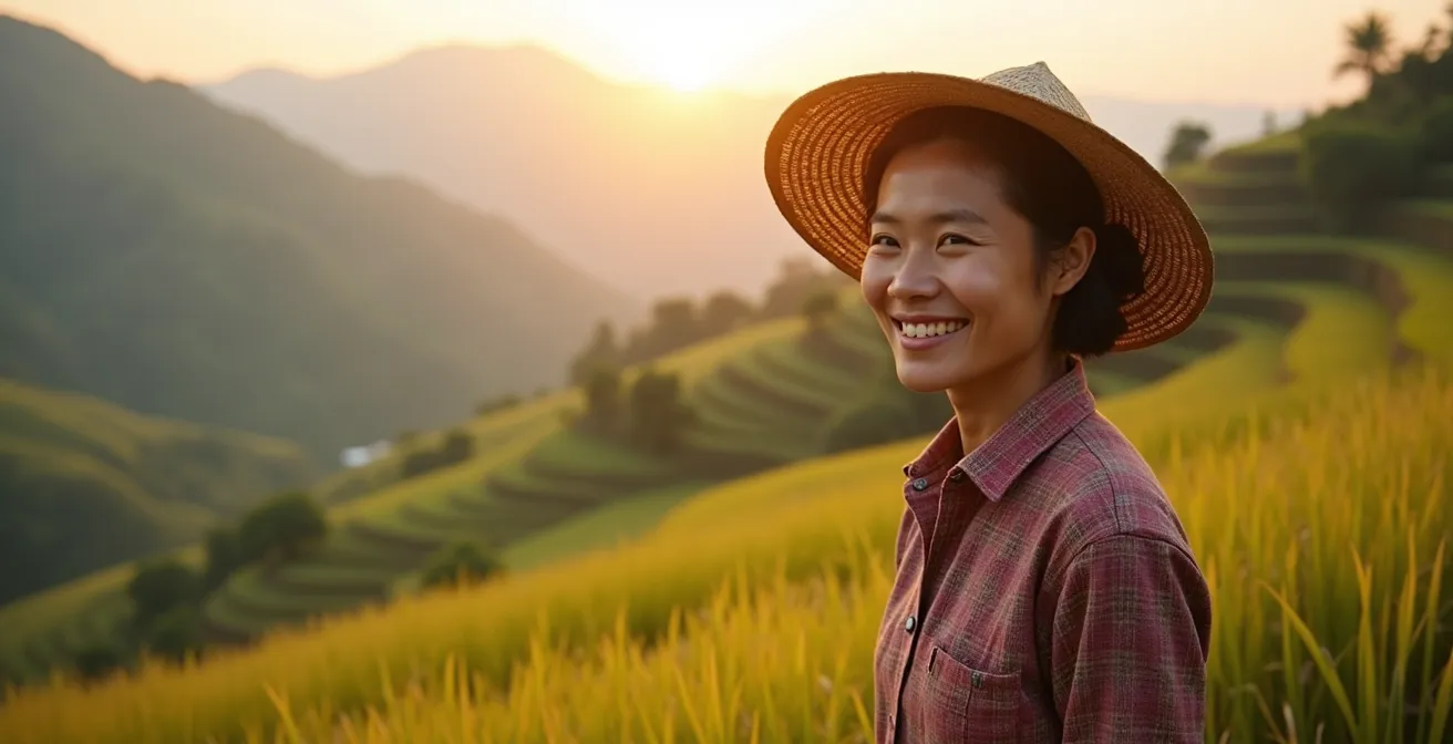 Ritratto di una guida locale vietnamita sorridente con costume tradizionale davanti a risaie terrazzate