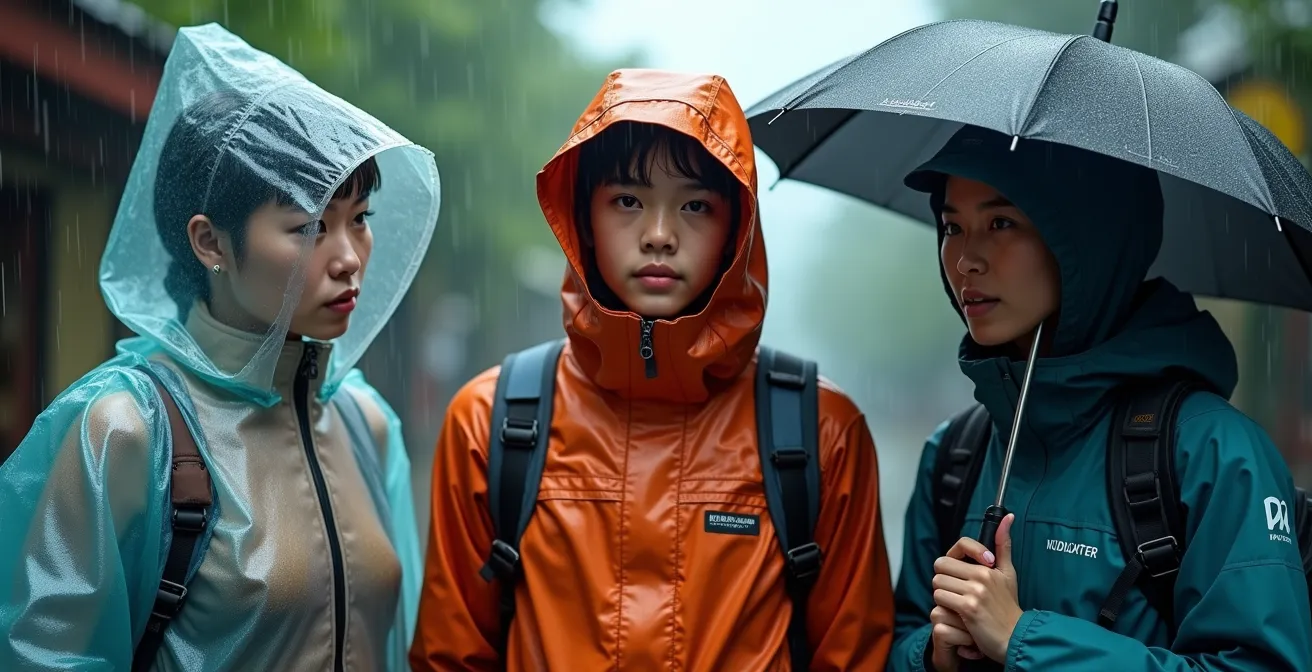 Confronto visivo tra poncho, giacca Gore-Tex e strategia ombrello sotto pioggia monsonica