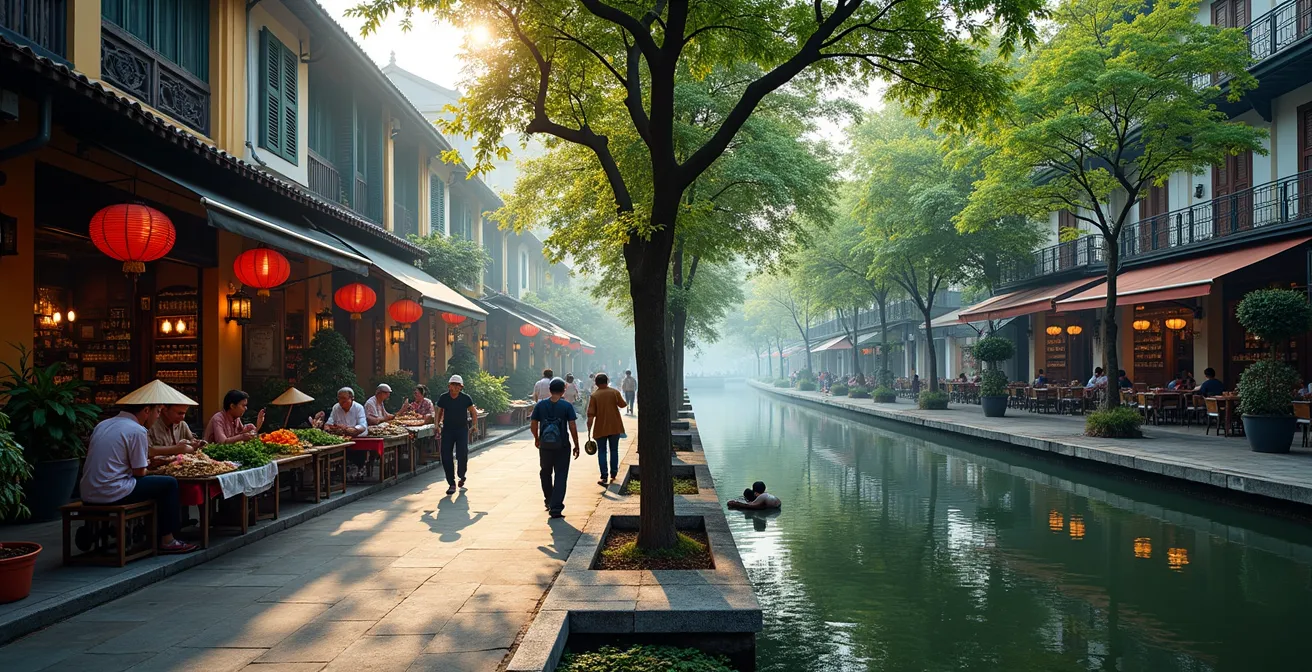Vista aerea contrapposta del caotico Quartiere Vecchio e del tranquillo lago Tay Ho ad Hanoi
