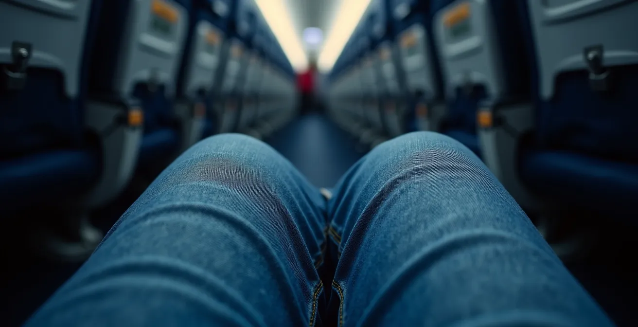 Persona alta in posizione scomoda su sedile aereo economy ristretto