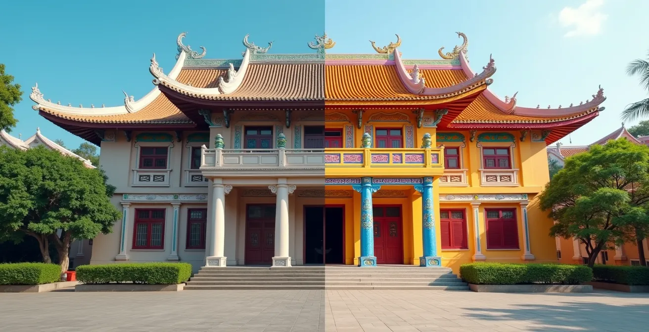 Composizione divisa mostrando l'architettura austera del Nord e colorata del Sud Vietnam