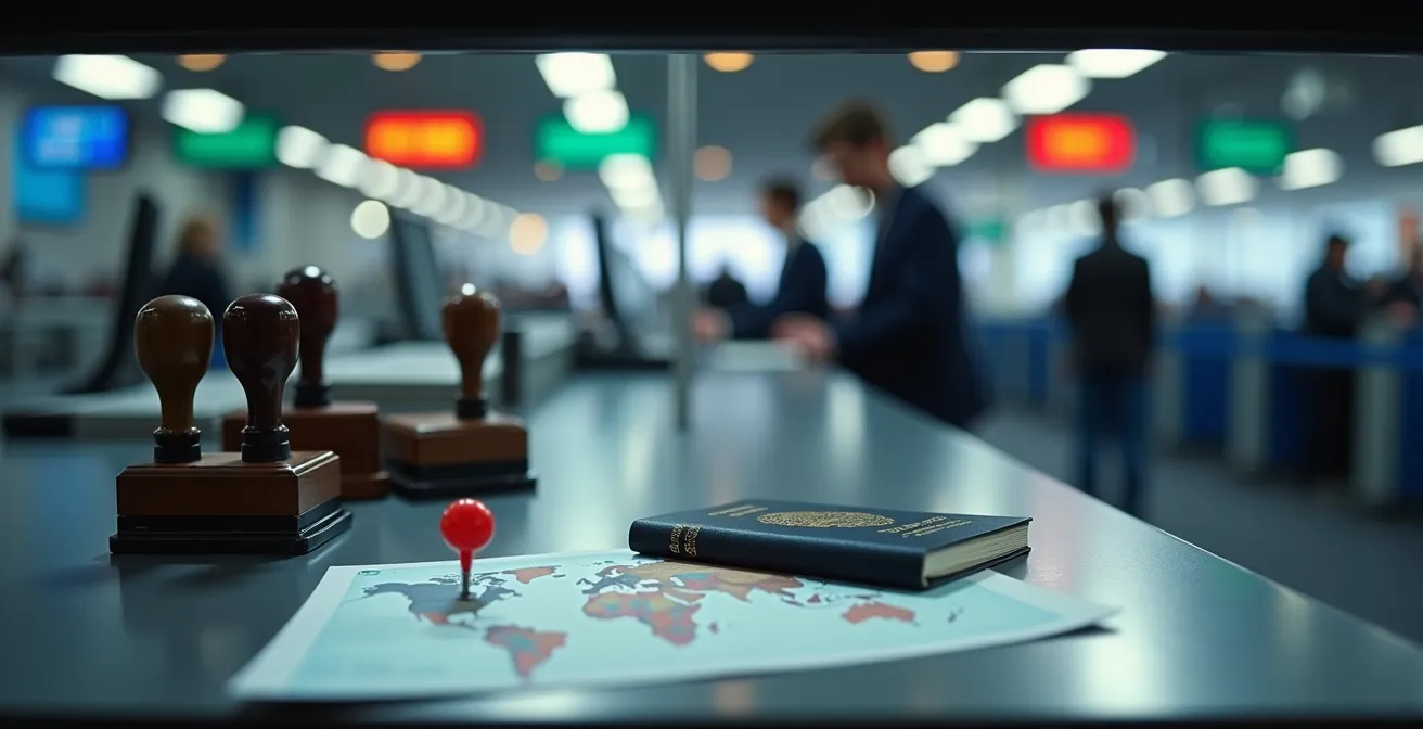 Vista laterale di un banco controllo passaporti in aeroporto con documenti e timbri