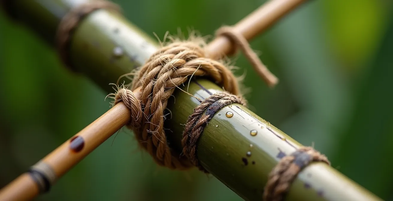 Dettaglio ravvicinato delle giunture in bambù di una struttura su palafitte con tecniche tradizionali vietnamite