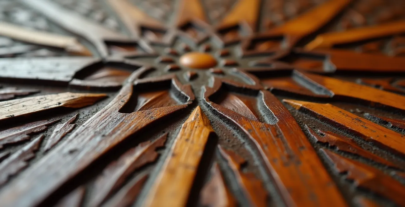 Dettaglio macro di intarsio in legno su mobile coloniale antico