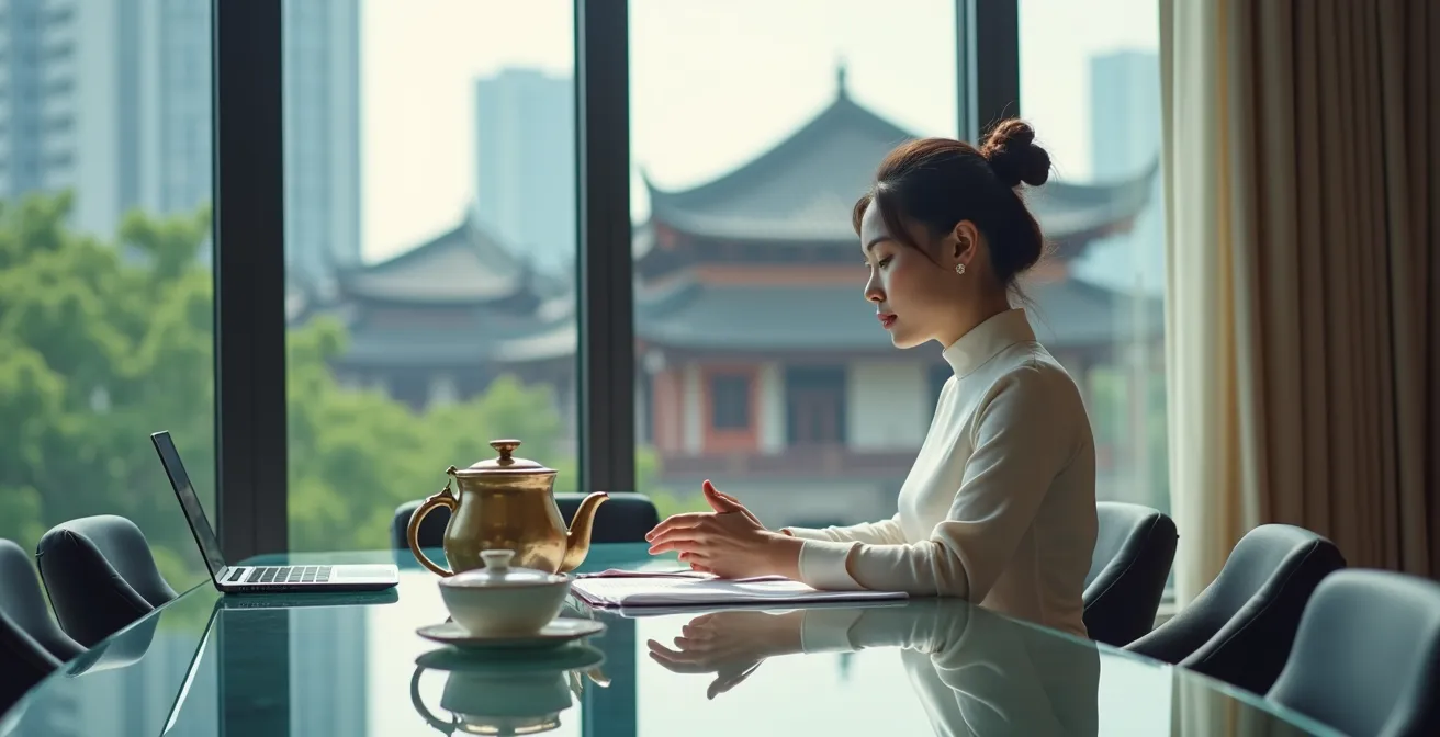 Imprenditrice vietnamita in abito tradizionale moderno in ufficio contemporaneo