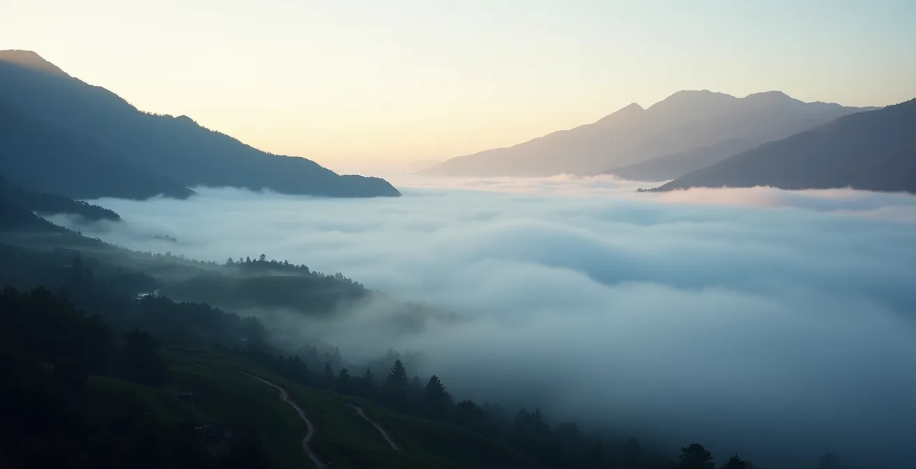 Mare di nebbia all'alba che avvolge le valli terrazzate con cime dorate emergenti