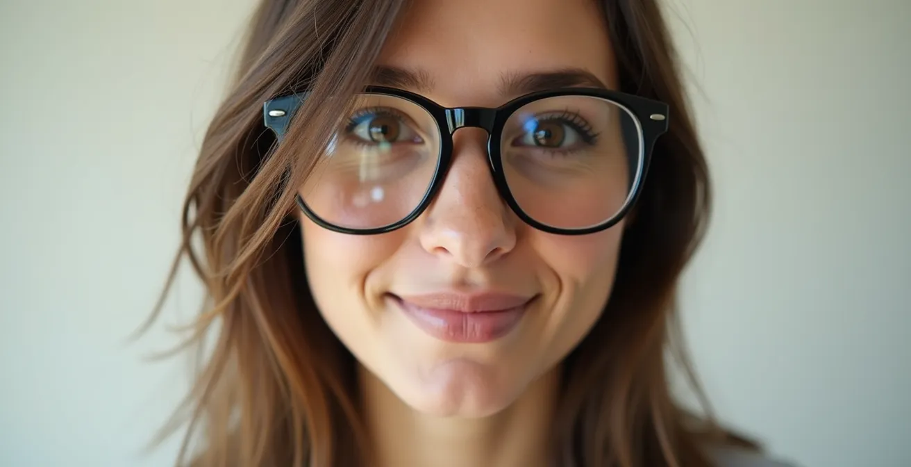 Primo piano di viso con ombre laterali e riflessi sugli occhiali da vista