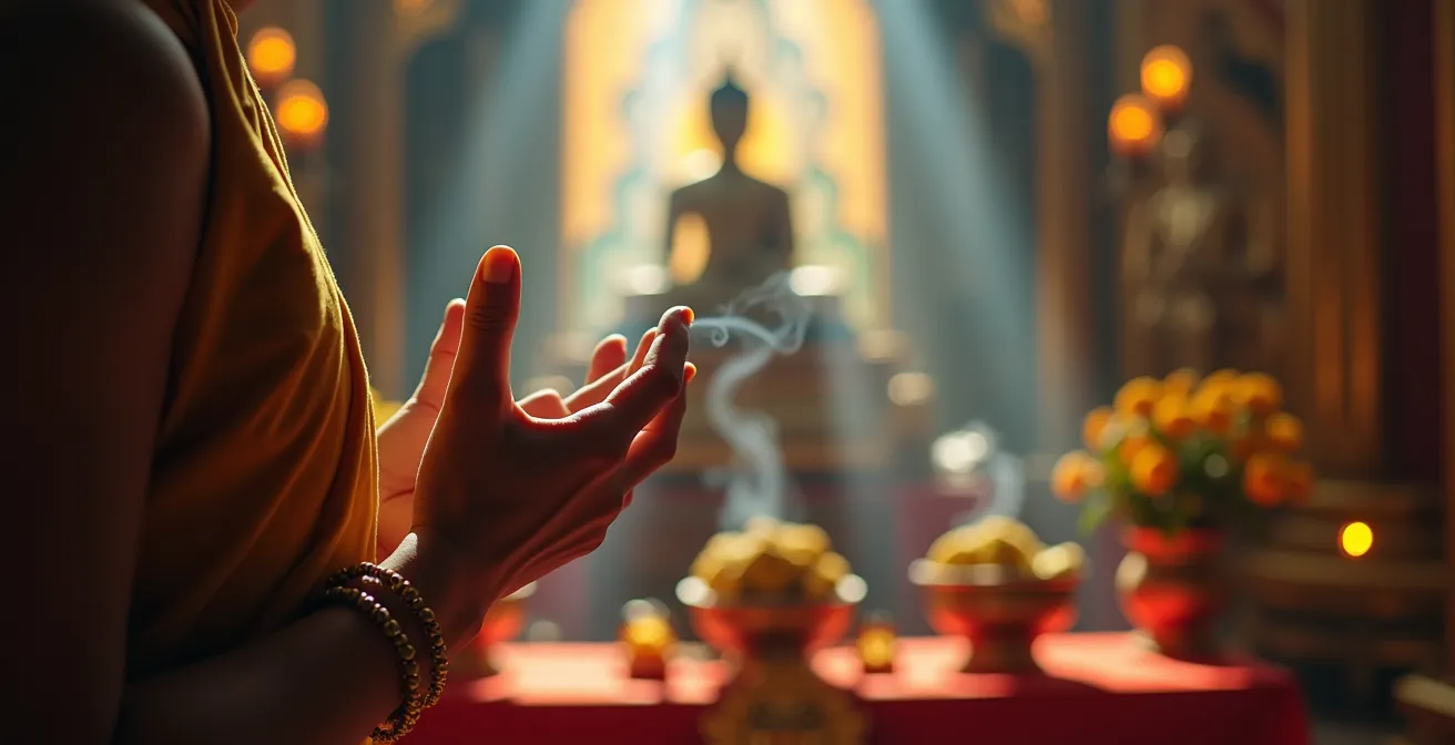 Interno atmosferico di pagoda vietnamita con fumo d'incenso che danza nella luce filtrata