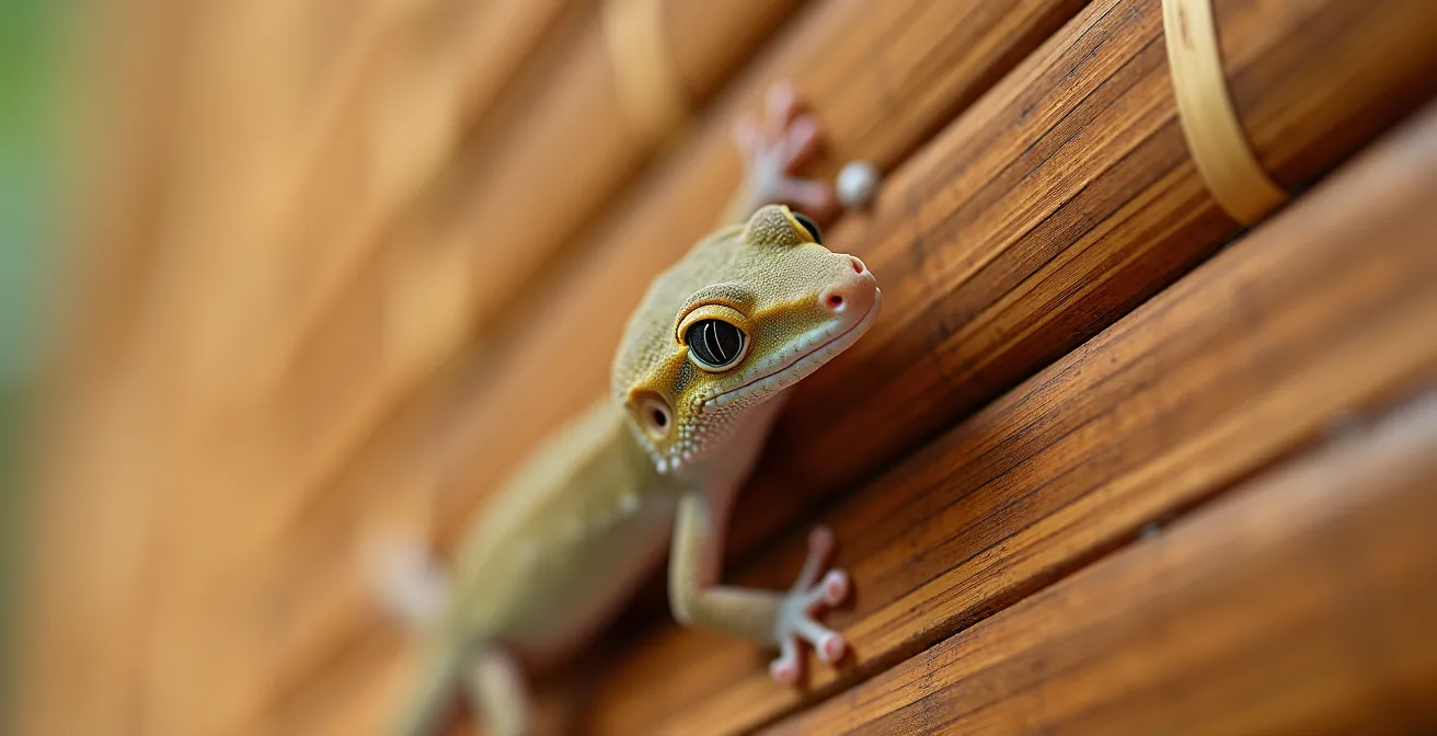 Primo piano di un geco su una parete di bambù in una guesthouse vietnamita