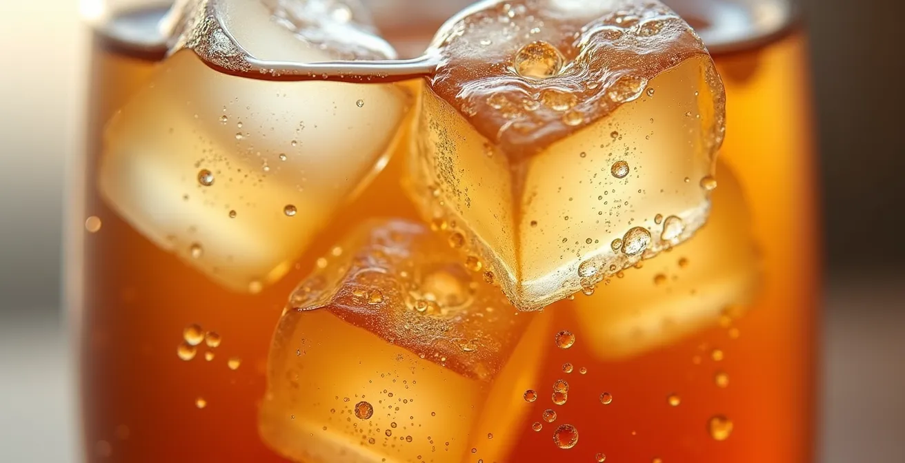 Dettaglio macro di ghiaccio cilindrico industriale nel bicchiere di tè freddo vietnamita