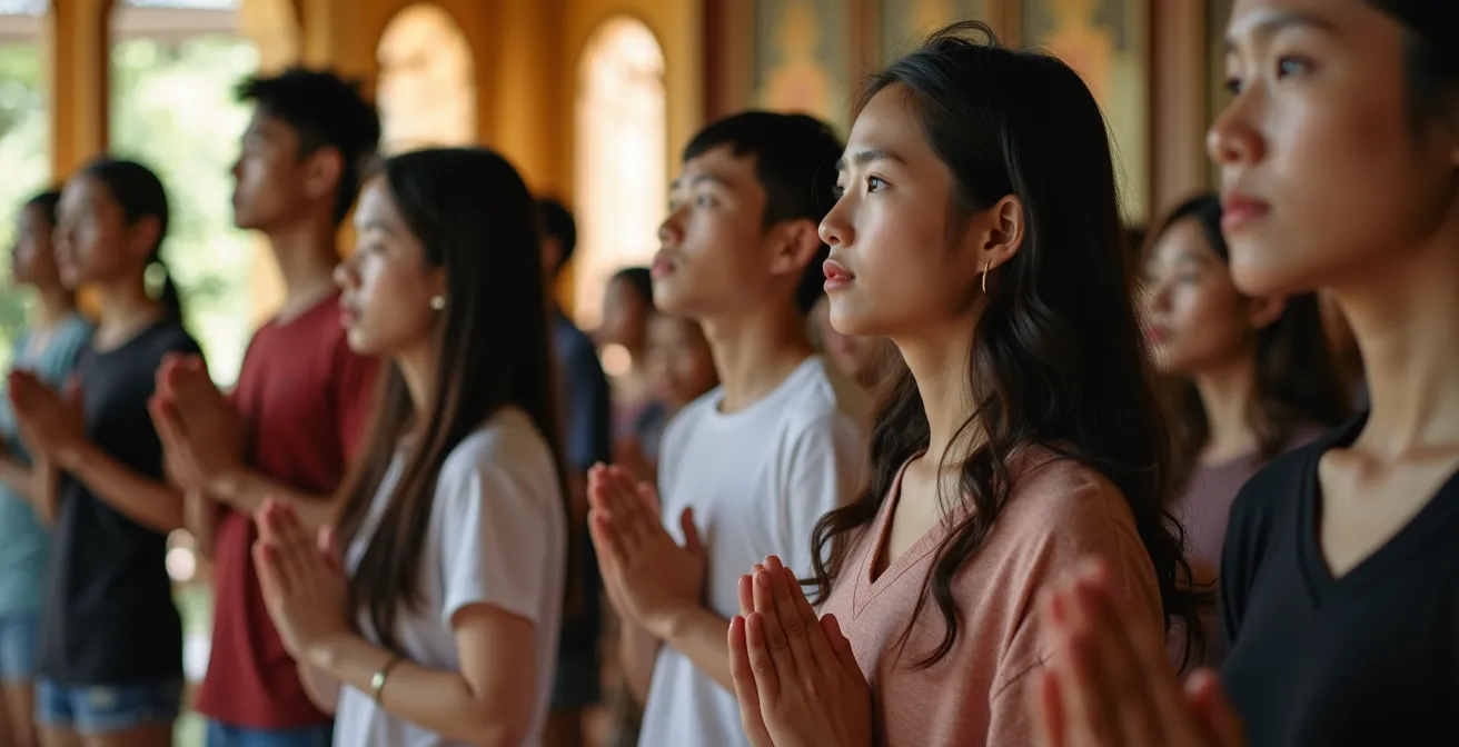 Giovani vietnamiti in preghiera silenziosa in un tempio contemporaneo con elementi tradizionali