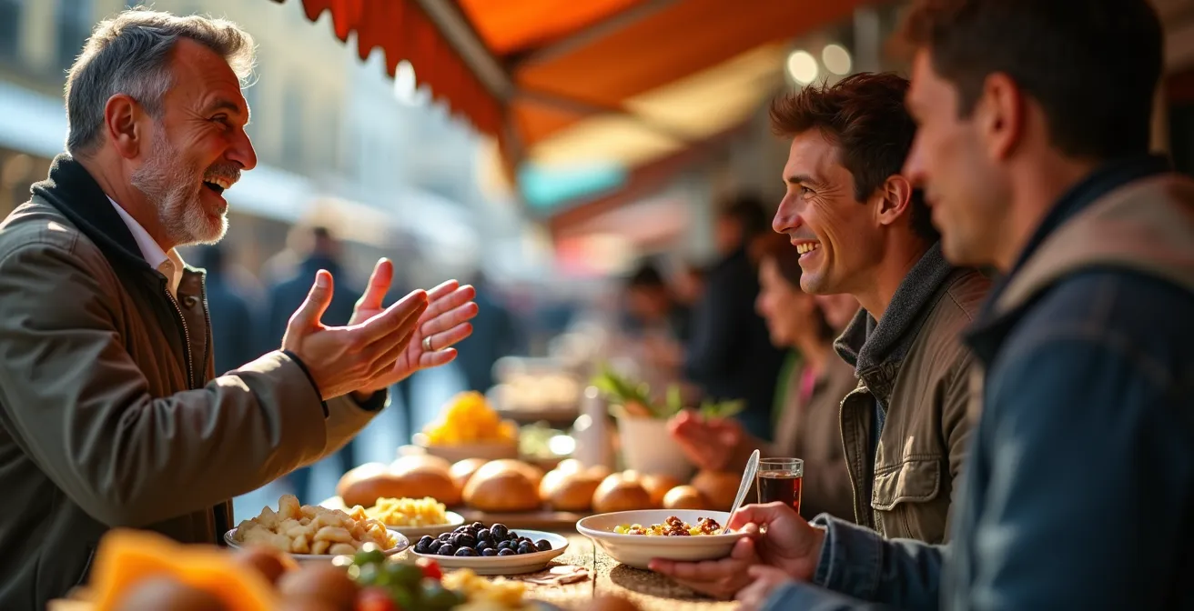 Scena vivace di mercato di strada italiano con venditori locali e cibo tradizionale esposto