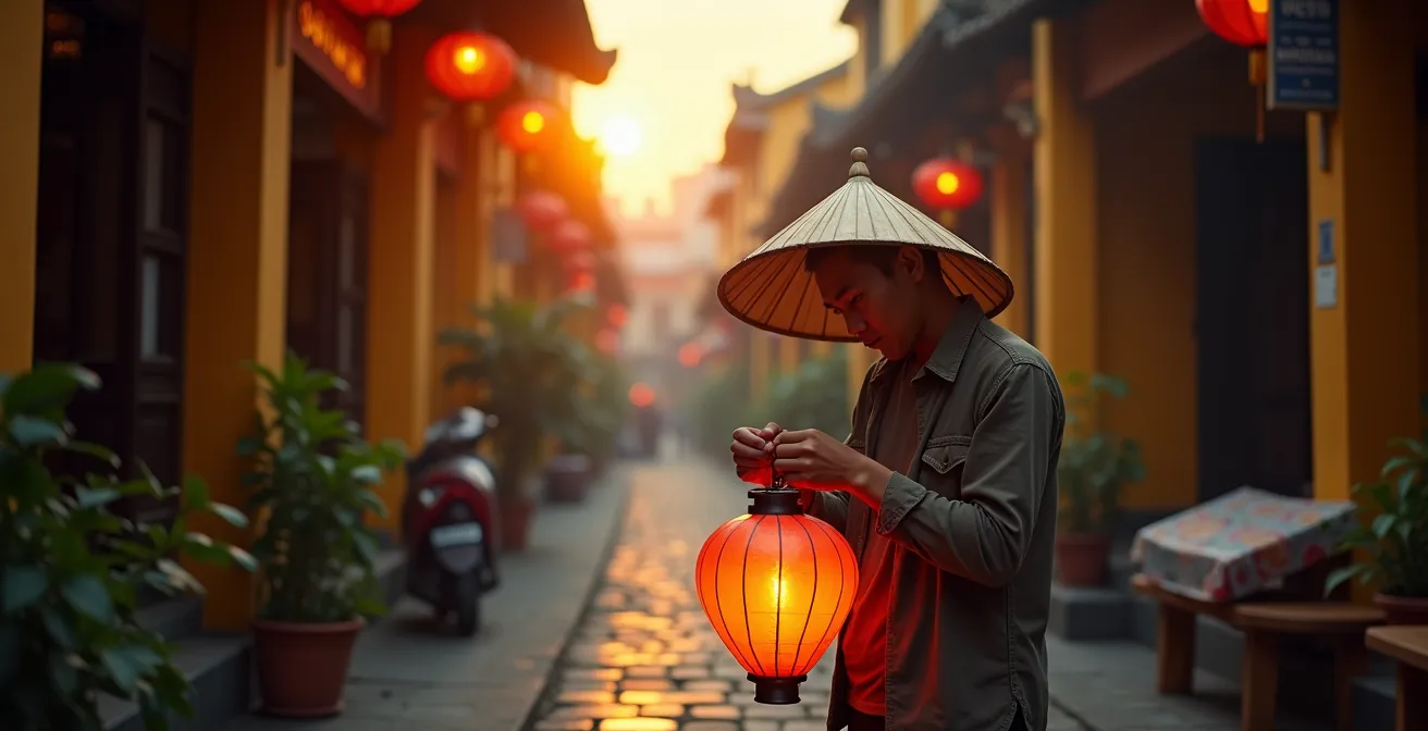 Vicoli illuminati da lanterne all'alba nella città vecchia di Hoi An senza turisti