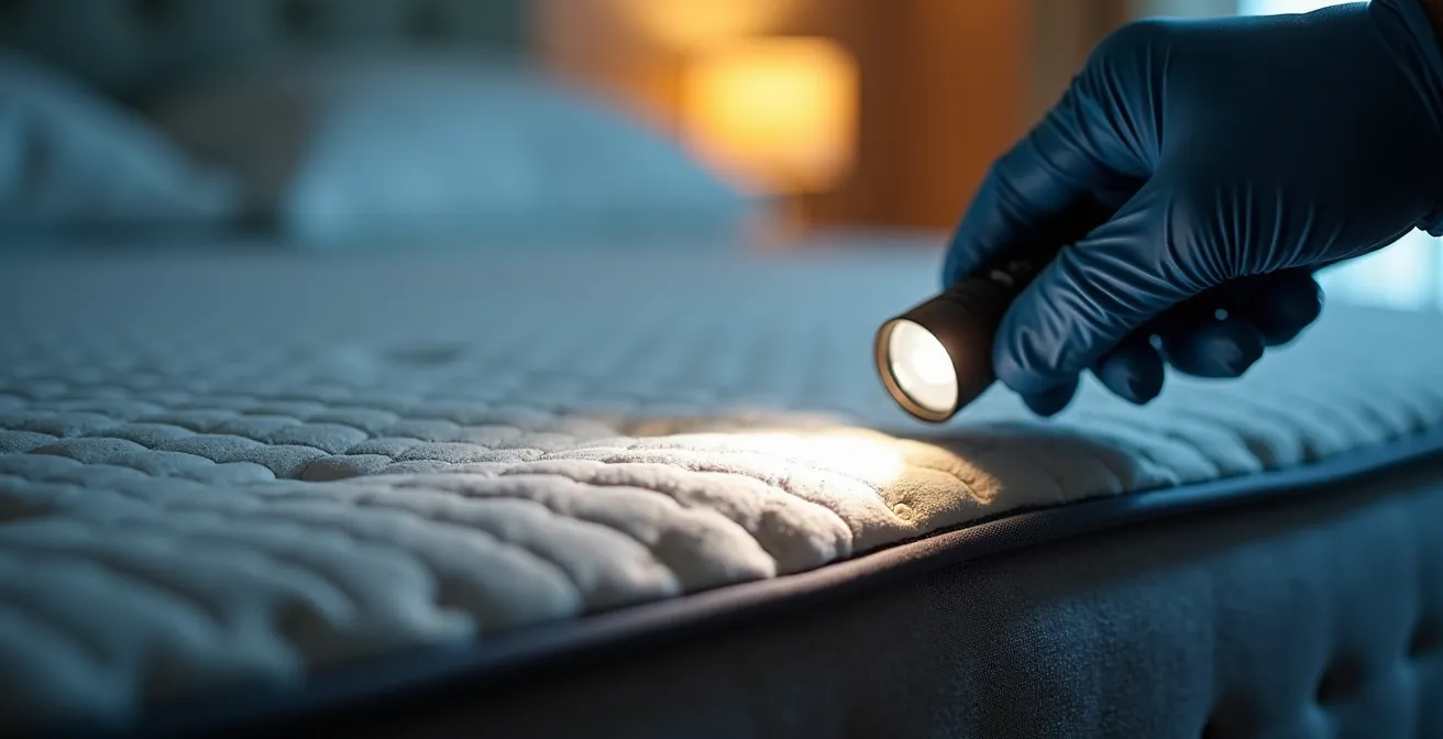 Ispezione ravvicinata delle cuciture di un materasso con torcia