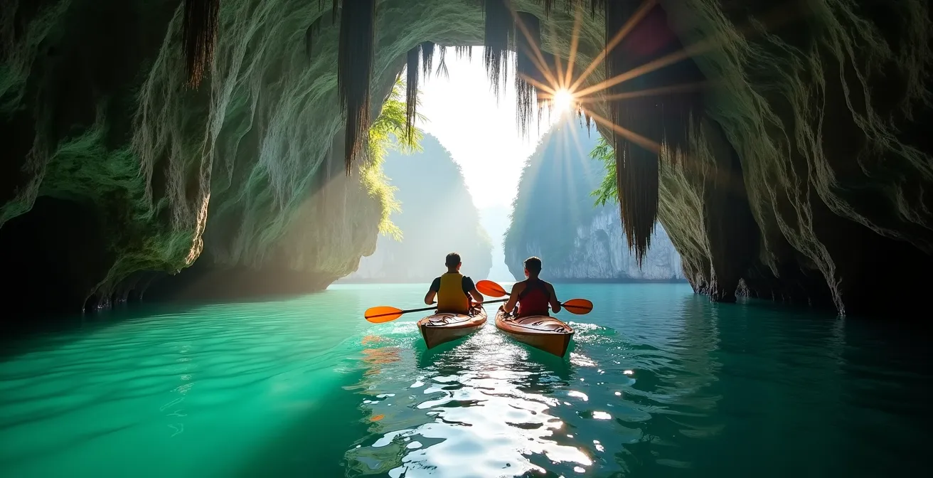 Kayaker che esplorano lagune nascoste tra formazioni calcaree a Lan Ha Bay