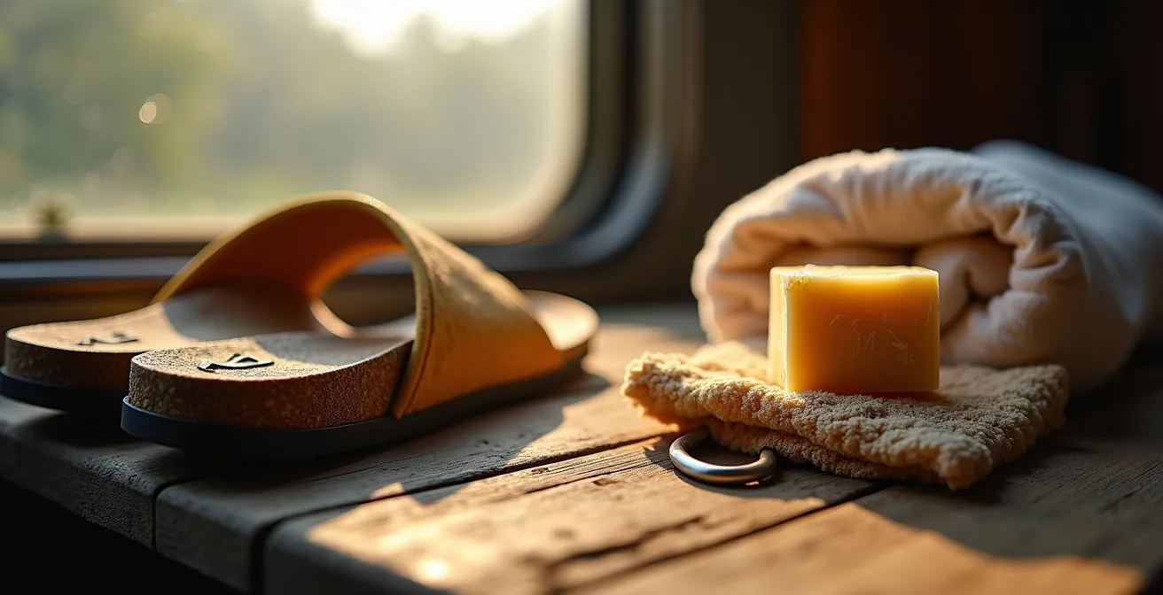 Kit da viaggio organizzato con prodotti igienici essenziali per il treno vietnamita