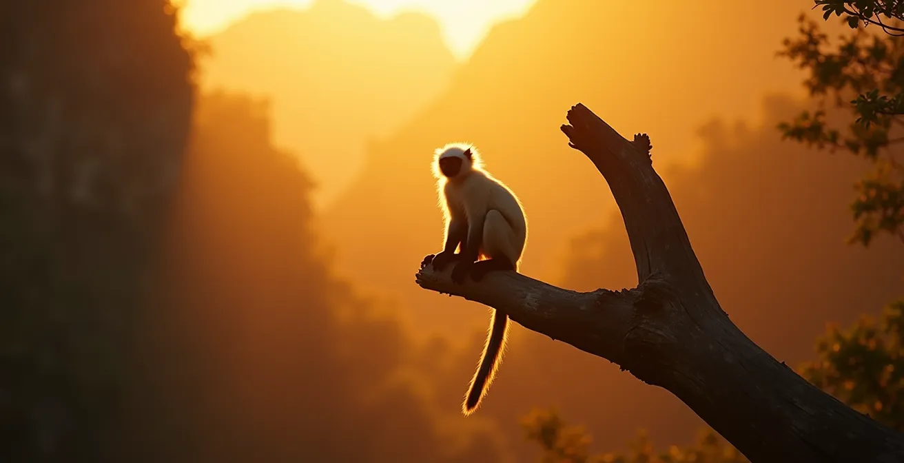 Langur dalla testa bianca osservato al tramonto nel parco di Cat Ba