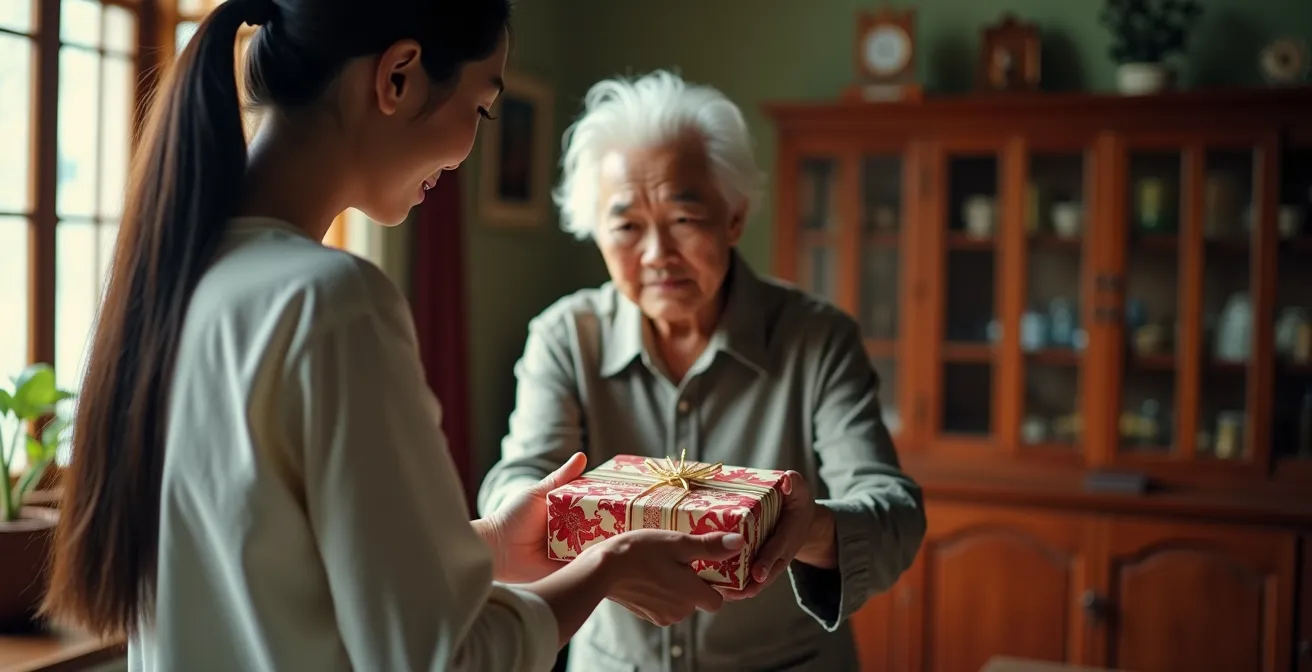 Ospite che porge un regalo con entrambe le mani in una casa tradizionale vietnamita