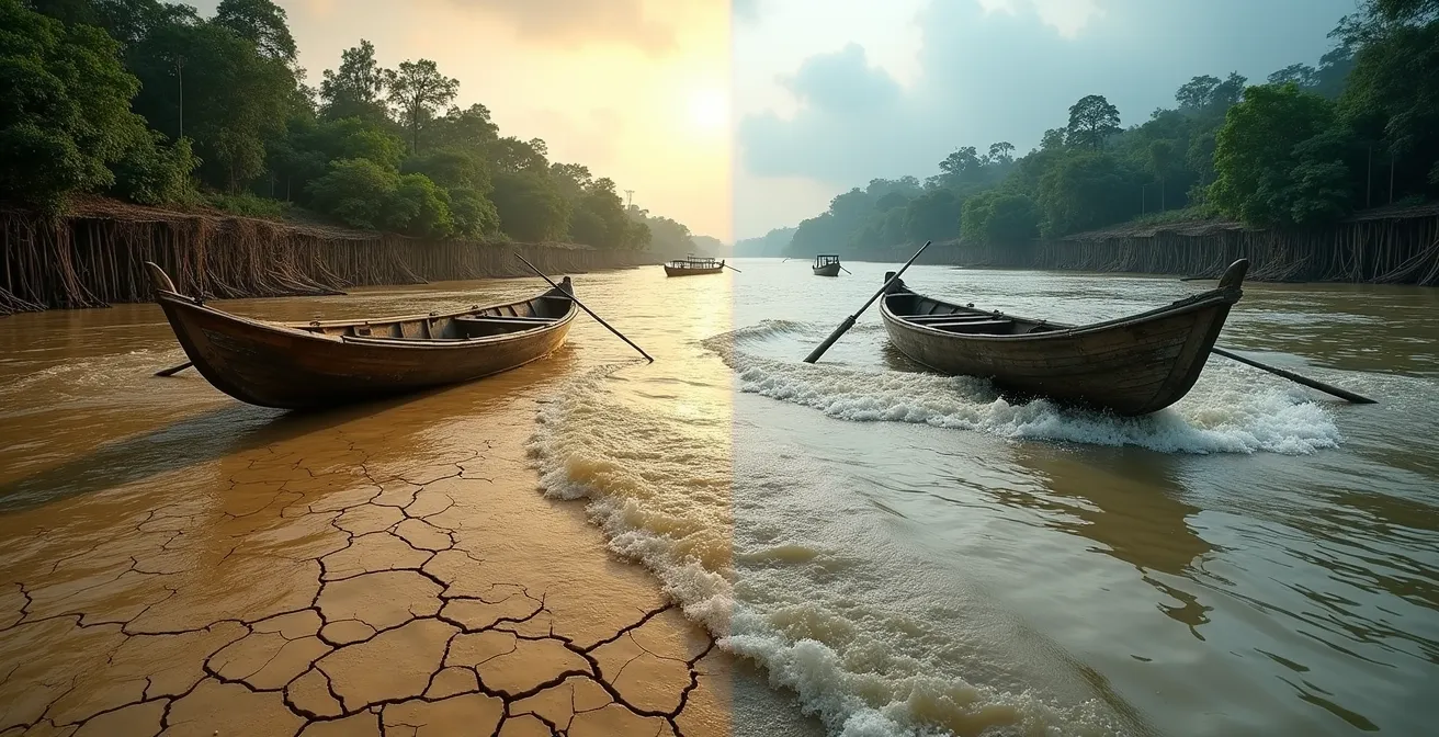 Confronto visivo tra i livelli stagionali del fiume Mekong e l'impatto sulla navigazione