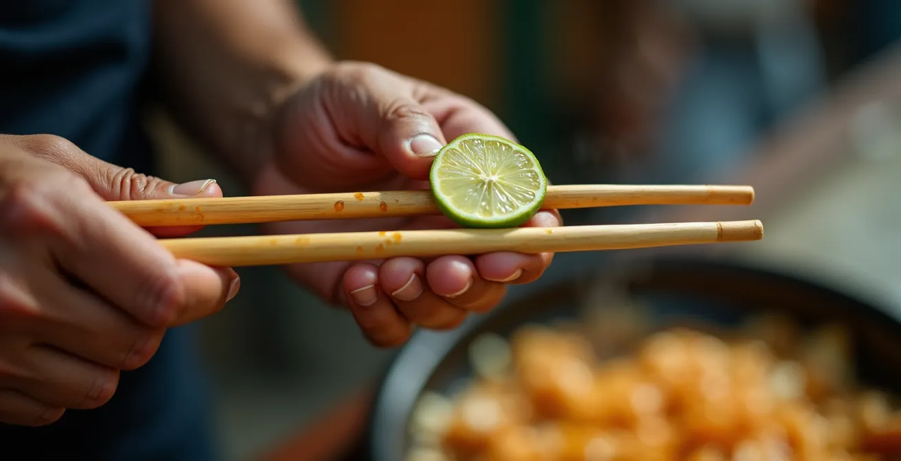 Mani che puliscono bacchette di bambù con fetta di lime fresco