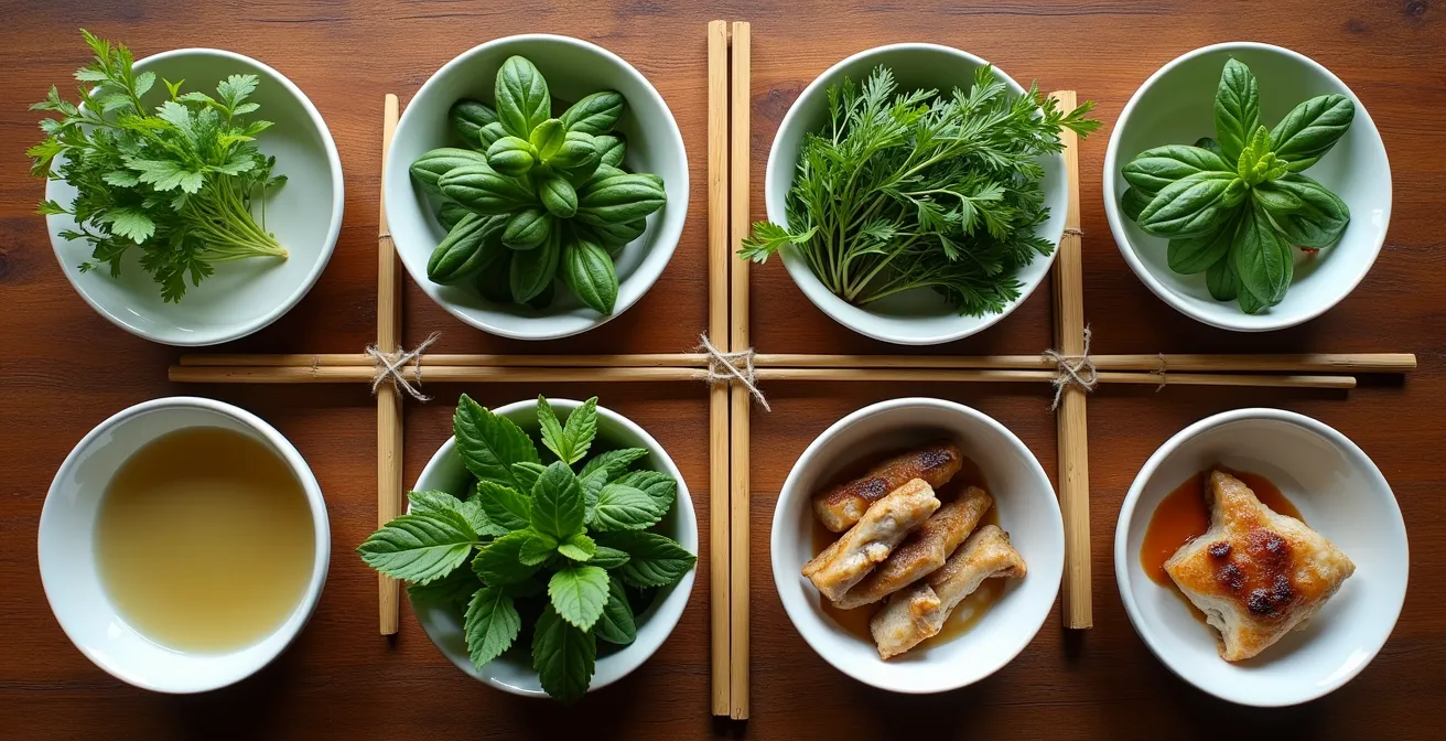 Composizione artistica di erbe vietnamite disposte accanto ai piatti tradizionali corrispondenti