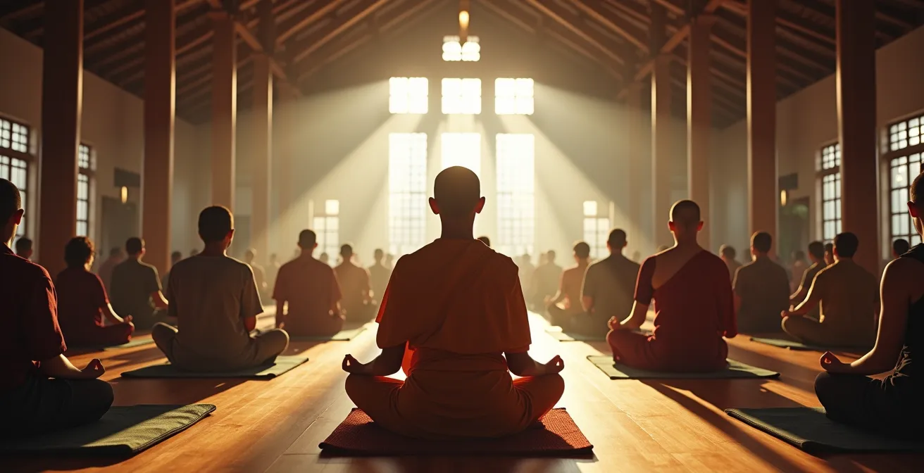 Turisti occidentali e monaci buddisti meditano insieme in una sala del tempio