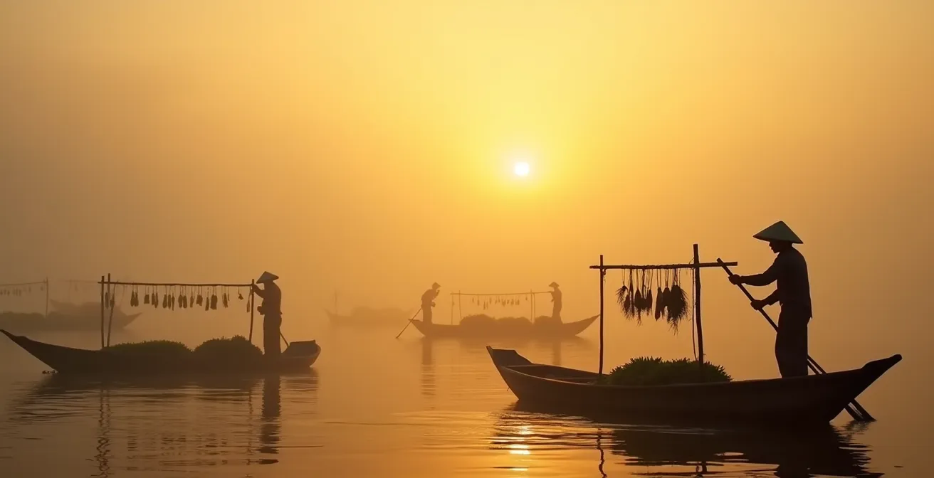Barche sampan nella nebbia mattutina al mercato galleggiante di Cai Rang all'alba