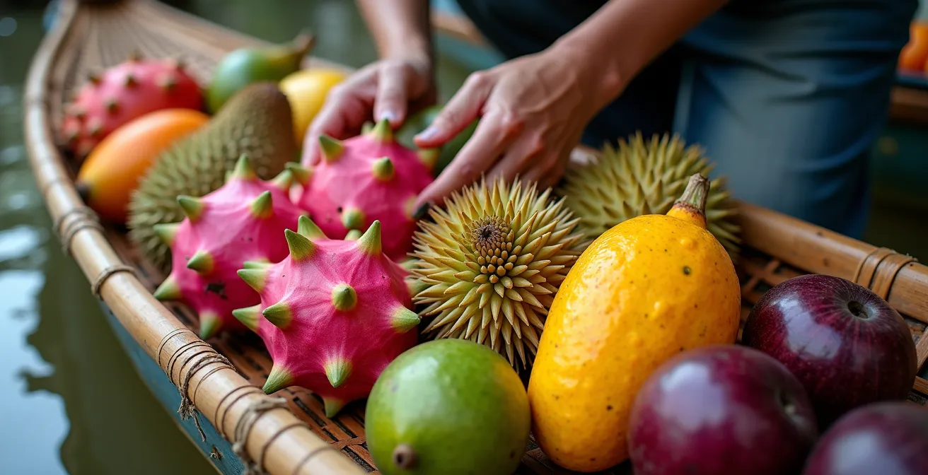 Venditrice vietnamita su barca con frutti tropicali colorati al mercato galleggiante
