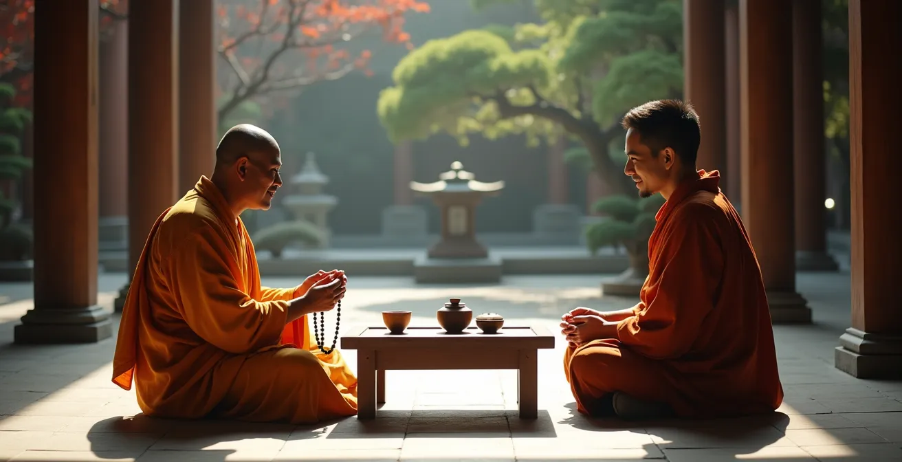 Momento di scambio culturale tra un monaco buddista e un visitatore in un cortile del tempio