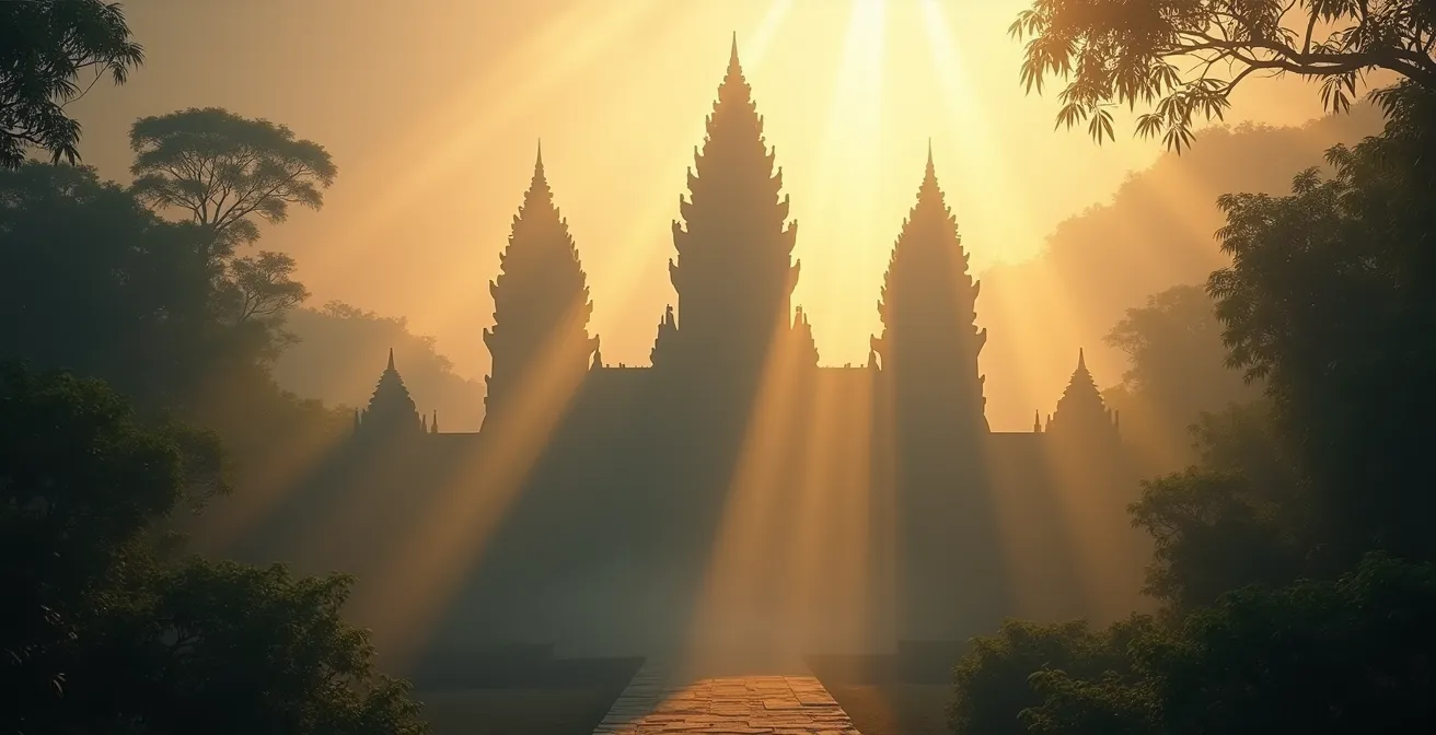 Antichi templi Cham avvolti nella nebbia dell'alba con raggi di luce dorata che filtrano attraverso la giungla