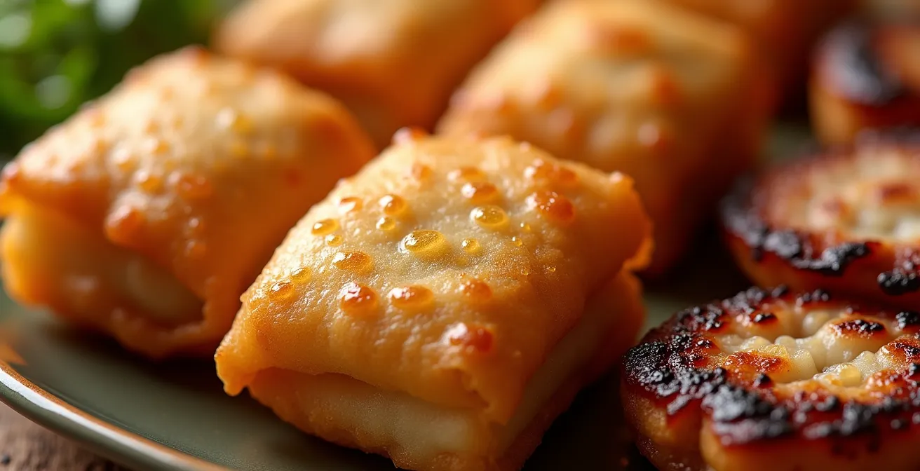 Involtini di granchio dorati e croccanti di forma quadrata tipici di Hai Phong accanto a polpette di maiale grigliate