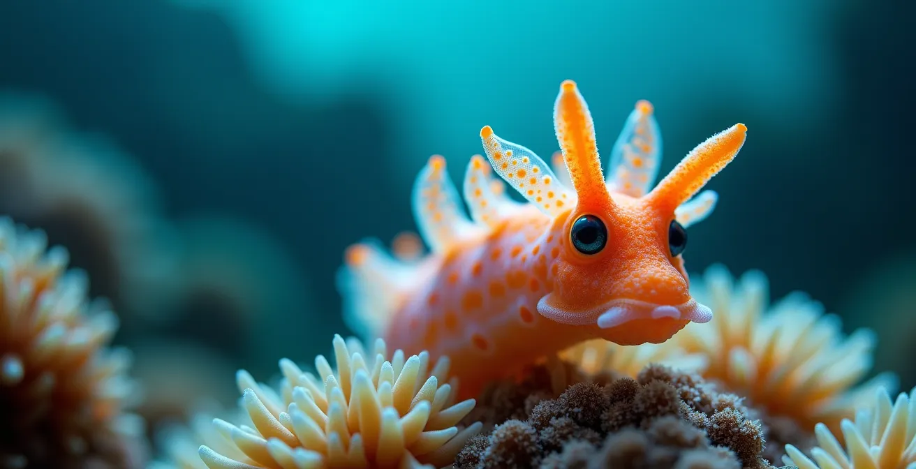 Dettaglio macro di nudibranchi colorati sui fondali di Nha Trang