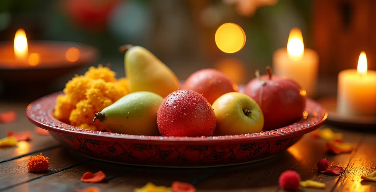 Vassoi colorati di offerte durante la cerimonia della luna piena in un tempio vietnamita