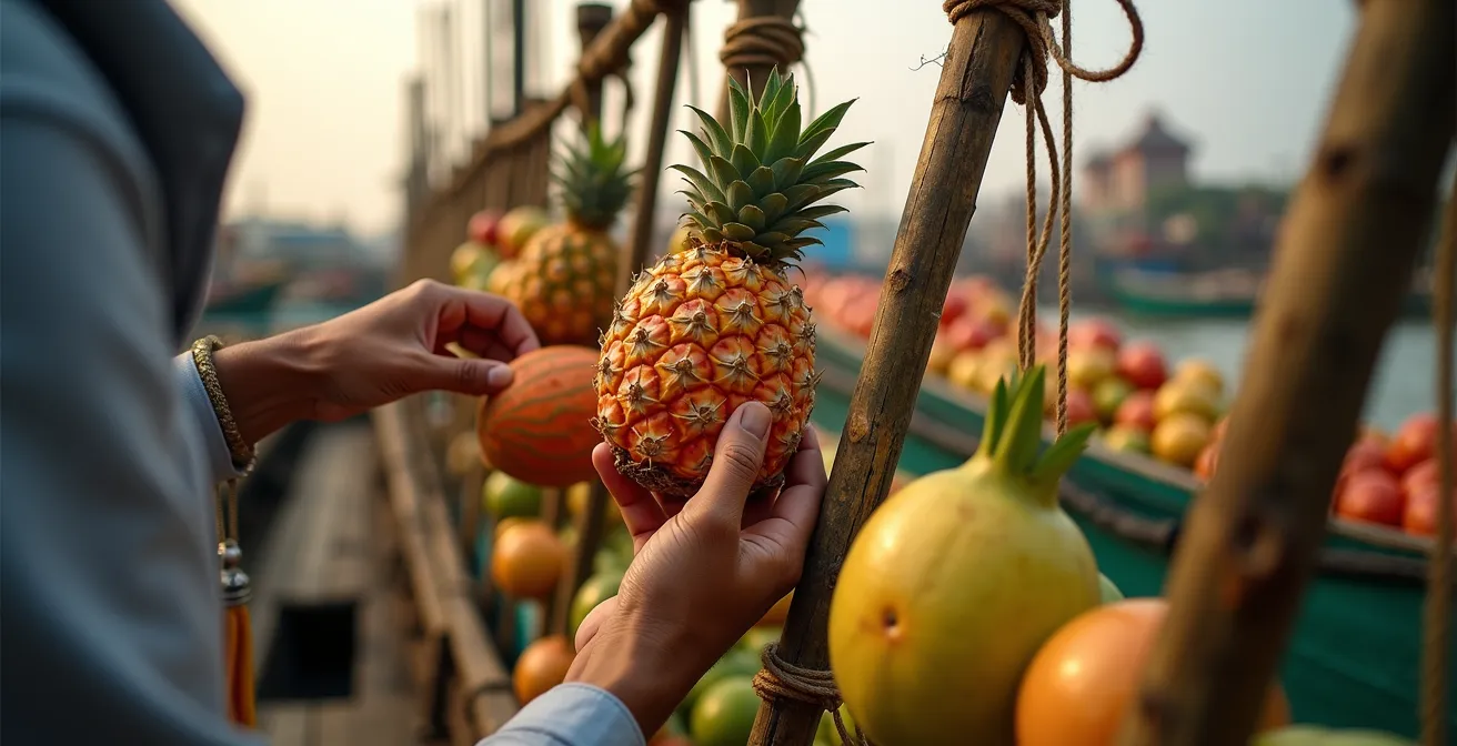 Dettaglio dei pali di bambù con frutta appesa sulle barche del mercato galleggiante